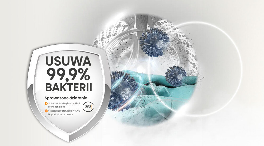 Obraz przedstawia wnętrze bębna pralki z wirującymi cząsteczkami i tekstem na tarczy: \'USUWA 99,9% BAKTERII\'. Poniżej znajduje się lista: \'Skuteczność sterylizacji >99,9%\', \'Escherichia coli\', \'Skuteczność wirusyczna >99,9%\', \'Staphylococcus aureus\', oraz logo SGS.