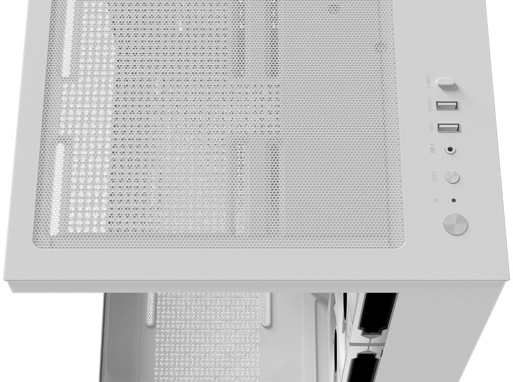Obudowa KRUX Atron Biały ARGB Zbliżenie na górny panel obudowy z widoczną siatką filtra oraz portami: USB-C, USB 3.0, USB, złączem audio oraz przyciskami 'LED' i zasilania, porty, złącza, przyciski