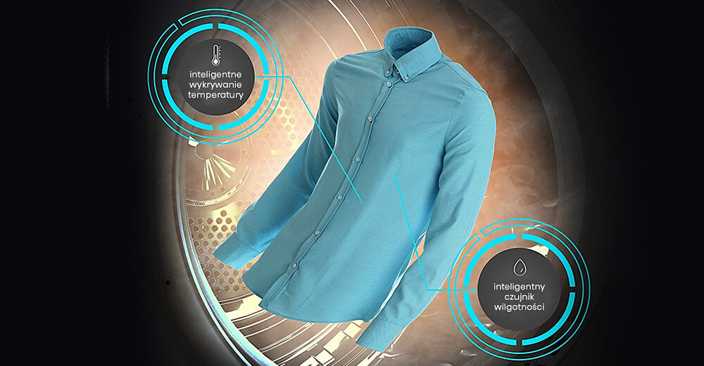 Na obrazie widoczna jest niebieska koszula z długim rękawem, otoczona grafiką z napisami: \'inteligentne wykrywanie temperatury\' i \'inteligentny czujnik wilgotności\'. Tło jest abstrakcyjne, z elementami przypominającymi mechanizmy.