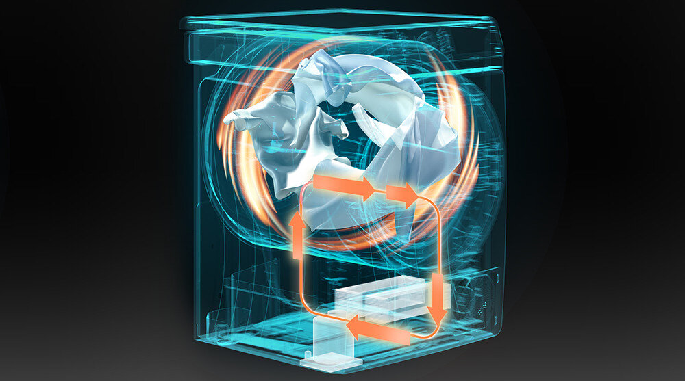 Grafika przedstawia schemat działania suszarki z pompą ciepła, z widocznymi strzałkami wskazującymi przepływ powietrza. Wewnątrz urządzenia znajduje się wirujący bęben z ubraniami.