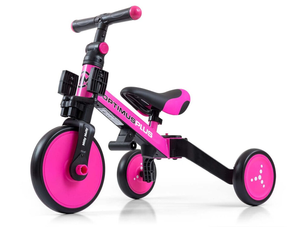 Rowerek biegowy MILLY MALLY Optimus Plus 4w1 Różowo-czarny pierwszy rower zabawa nauka bezpieczenstwo