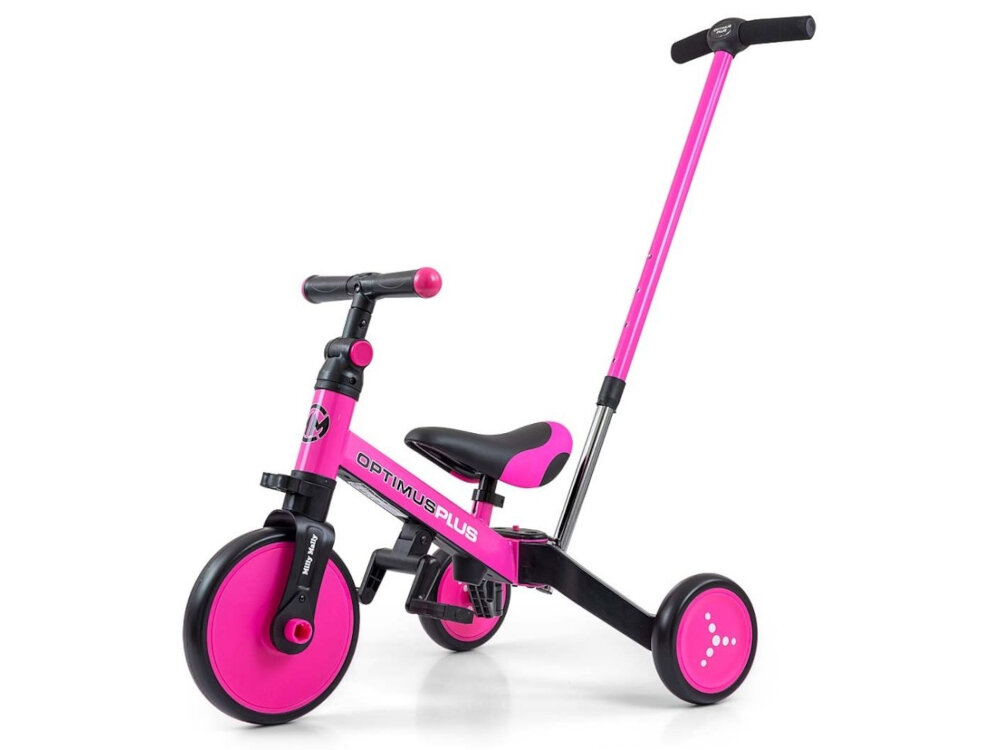 Rowerek biegowy MILLY MALLY Optimus Plus 4w1 Różowo-czarny wszechstronny trwaly innowacyjne funkcje komfort bezpieczenstwo zabawa rozwoj motoryczny obciazenie do 25 kg