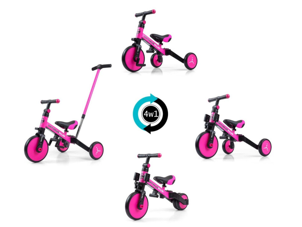 Rowerek biegowy MILLY MALLY Optimus Plus 4w1 Różowo-czarny innowacyjne odczepiane pedaly dwukolowy rowerek biegowy trojkolowy rowerek biegowy trojkolowy rower z pedalami rowerek z dodatkowa raczka dla rodzicauchwyt na pedaly w kolumnie kierownicy rozwoj aktywnosc fizyczna