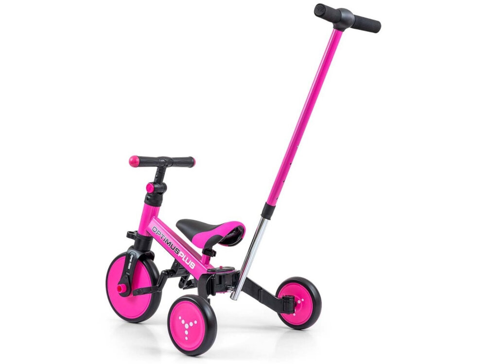 Rowerek biegowy MILLY MALLY Optimus Plus 4w1 Różowo-czarny raczka do prowadzenia dla rodzica pelna kontrola 4-stopniowa regulacja wysokosci 85-89-94-98 cm