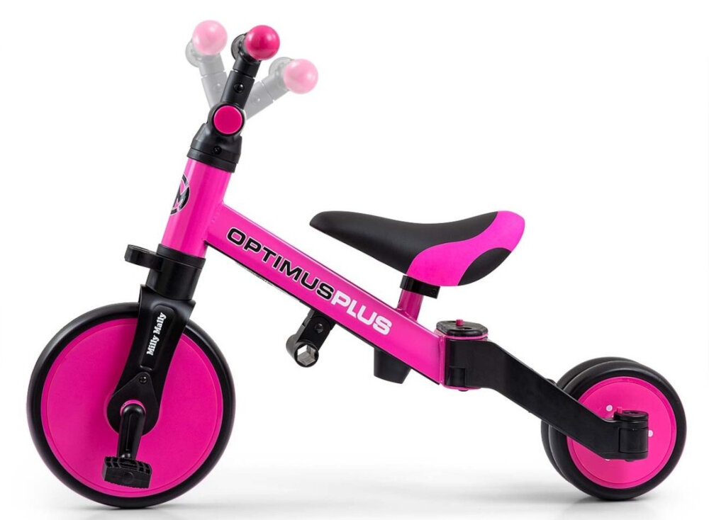 Rowerek biegowy MILLY MALLY Optimus Plus 4w1 Różowo-czarny antyposlizgowe rekojesci z oslonkami regulacja nachylenia kierownicy oslonka na kierownicy bezpieczenstwo Komfort ogranicznik skretu europejskie normy bezpieczenstwa