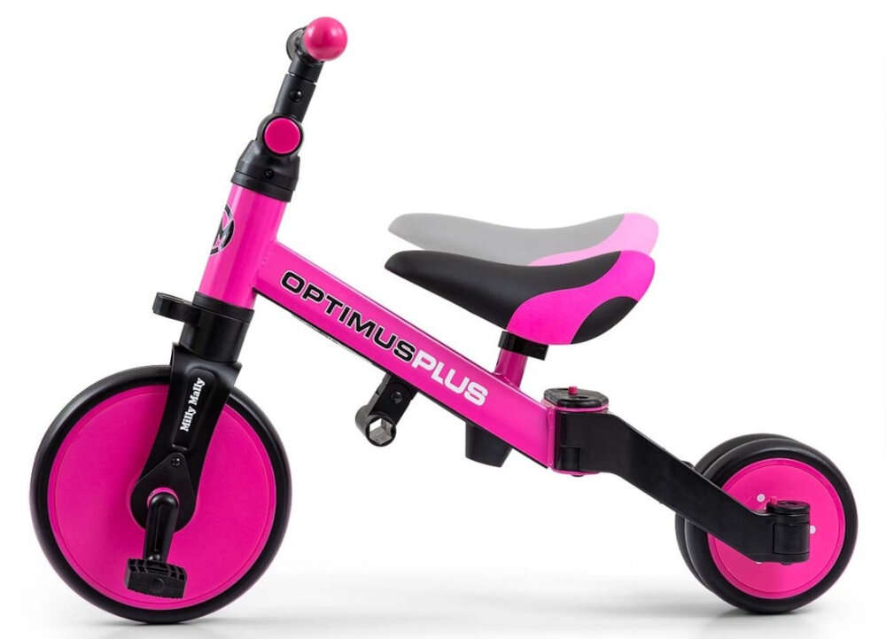 Rowerek biegowy MILLY MALLY Optimus Plus 4w1 Różowo-czarny dla dzieci od 12 miesiaca zycia ergonomiczne siedzisko regulacja wysokosc w zakresie od 30 do 34 cm rosnie razem z dzieckiem