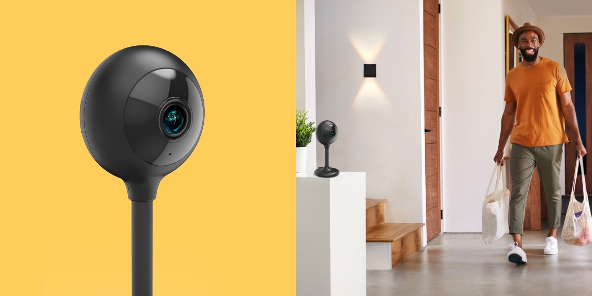 Kamera inteligentna HAMA 176651 Wewnętrzna, WLAN Czarny, noktowizja, dowolne, aplikacja, wifi, Na zółtym tle z lewej kamera, po prawej mężczyzna idący korytarzem