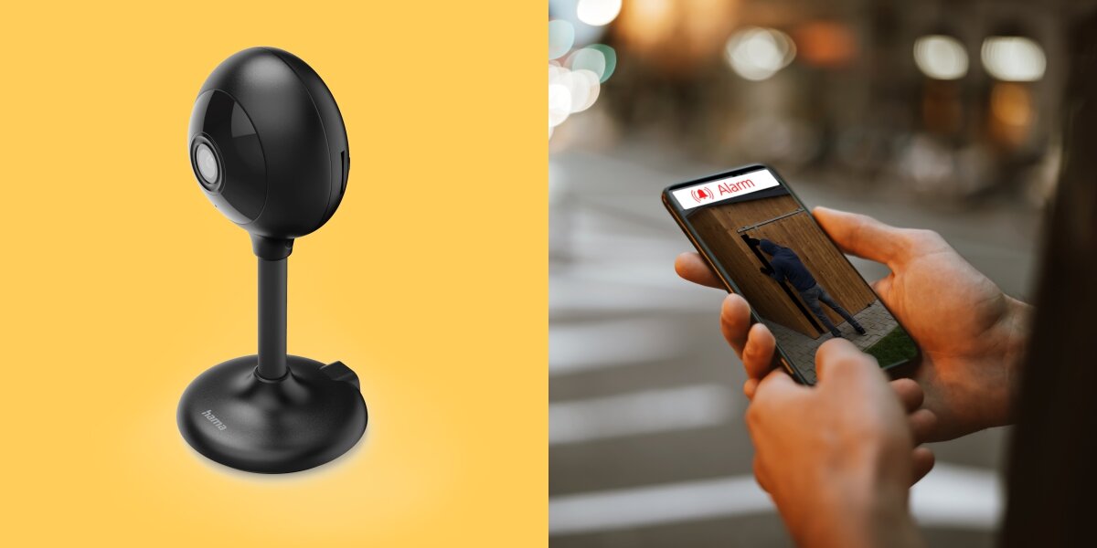 Kamera inteligentna HAMA 176651 Wewnętrzna, WLAN Czarny, nagrywanie, push, ruch, dźwięk, na żółtym tle z lewej kamera, po prawej osoba obsługuje telefon