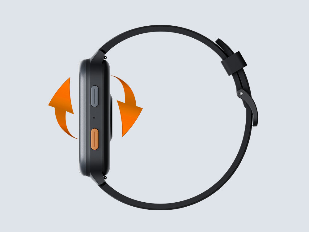 Czarny smartwatch z okrągłą tarczą i dwoma przyciskami bocznymi, jeden szary, drugi pomarańczowy. Obok zegarka widoczne są pomarańczowe strzałki wskazujące ruch obrotowy.