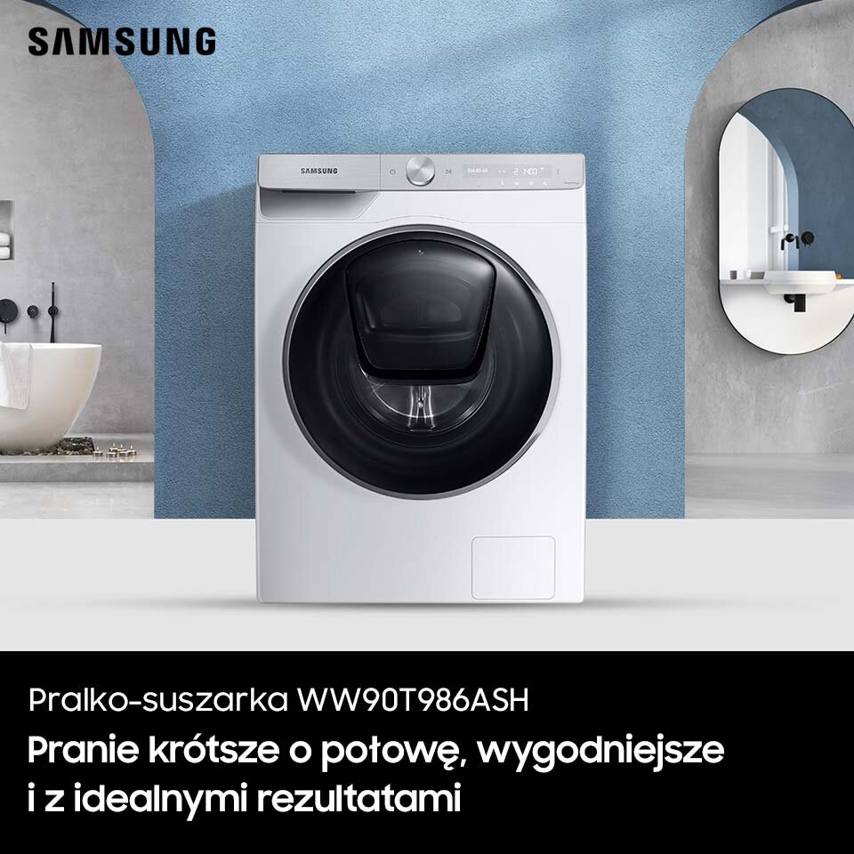 Pralka Samsung znajduje się w środku łazienki na tle niebieskie ściany
