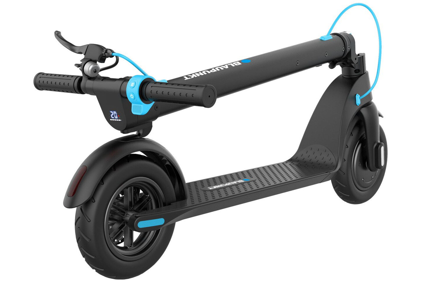 Czarna hulajnoga elektryczna z niebieskimi akcentami, z widocznym logo \'BLAUPUNKT\' na kierownicy. Hulajnoga ma duże koła i składany mechanizm.