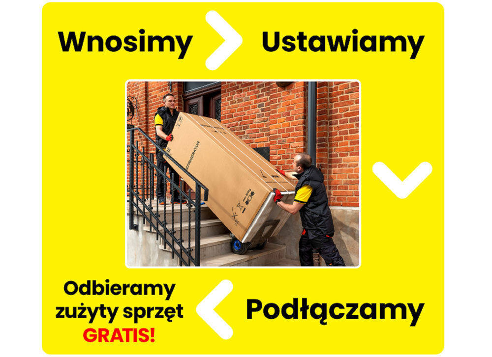 Osoby wnoszą duże kartonowe pudło po schodach przed budynkiem z cegły. Tekst na żółtym tle: \'Wnosimy\', \'Ustawiamy\', \'Podłączamy\', \'Odbieramy zużyty sprzęt GRATIS!\'.