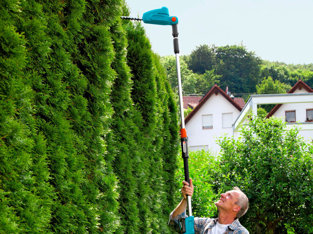 Osoba używa akumulatorowych nożyc do żywopłotu z długim uchwytem, przycinając wysokie krzewy. W tle widać domy i drzewa.