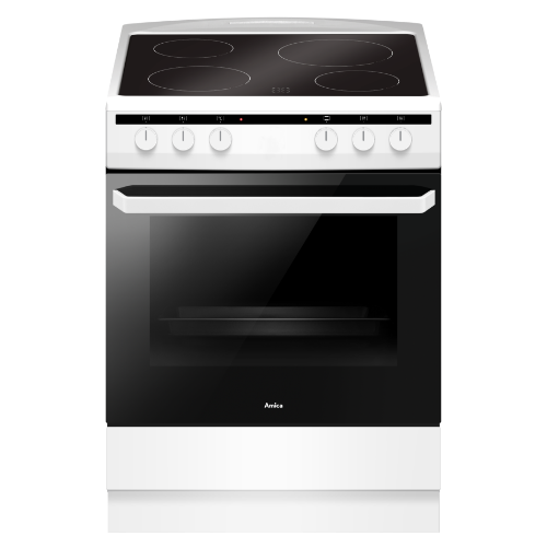 Kuchnia wolnostojąca z czterema pokrętłami i płytą grzewczą z czterema polami. Na froncie widoczne jest logo Amica.