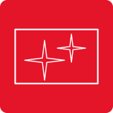 Czerwona ikona z białym konturem prostokąta i dwoma gwiazdkami w środku.