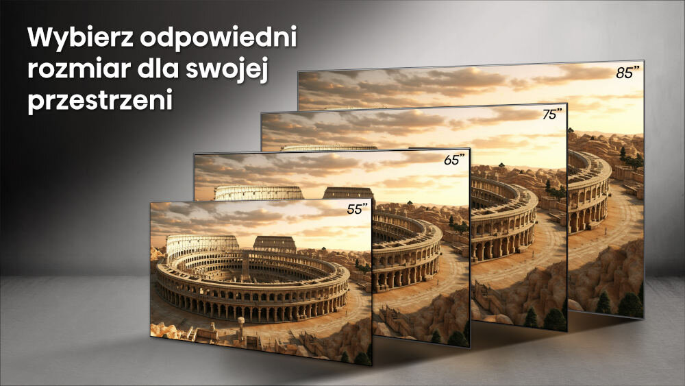 Obraz przedstawia cztery telewizory o różnych rozmiarach ekranu: 55\