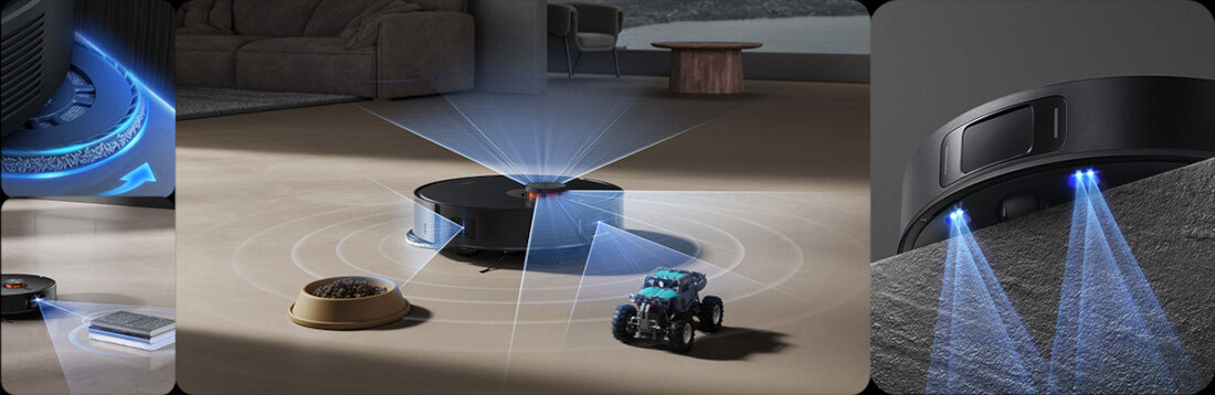 Obraz przedstawia trzy ujęcia robota sprzątającego na podłodze. Robot emituje niebieskie światło, a wokół niego znajdują się przedmioty, takie jak miska i zabawkowy samochód.