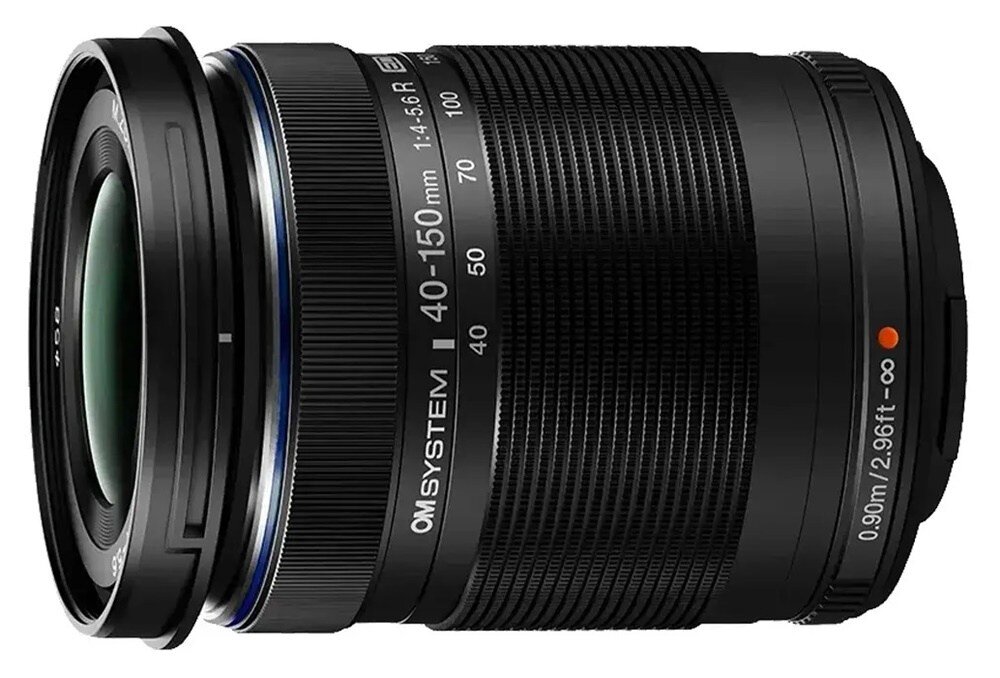 Czarny obiektyw fotograficzny z widocznymi oznaczeniami: \'OM SYSTEM\', \'40-150mm\', \'1:4-5.6 R\'.