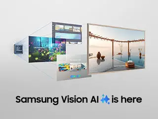 Obraz przedstawia telewizor z wyświetlanym widokiem tarasu z morzem w tle. Na dole widnieje tekst \'Samsung Vision AI is here\'.