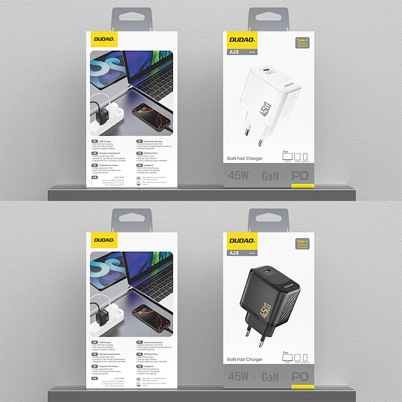 Na obrazie widoczne są cztery opakowania ładowarek sieciowych Dudao A28, dwa białe i dwa czarne, z oznaczeniem 45W GaN USB-C. Opakowania mają logo Dudao i przedstawiają wizualizacje ładowarek oraz ich specyfikacje techniczne.