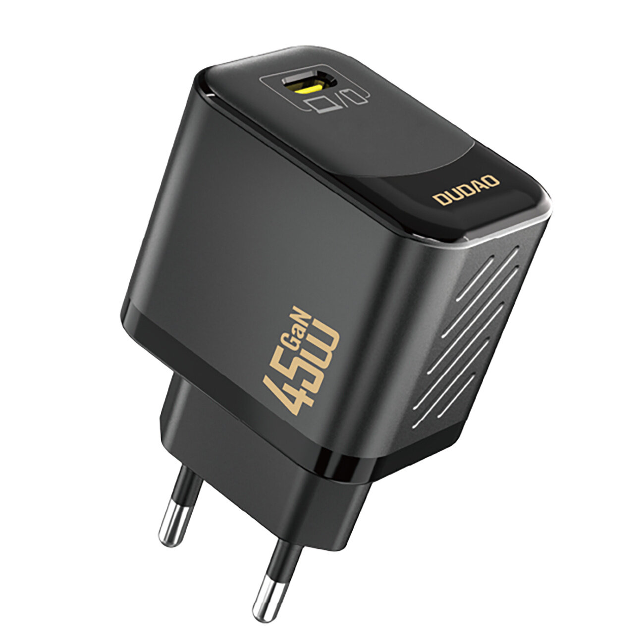 Czarna ładowarka sieciowa z napisem \'GaN 45W\' oraz logo \'DUDAO\'. Posiada złącze USB-C i dwa metalowe bolce do podłączenia do gniazdka.