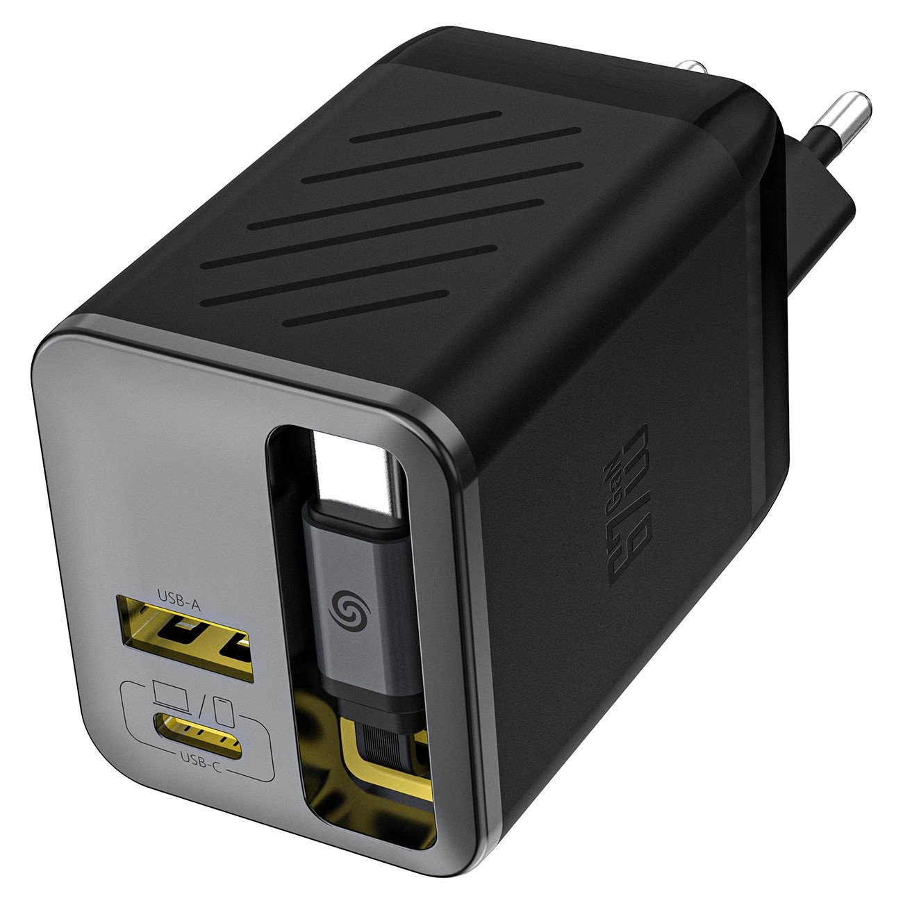Czarna ładowarka sieciowa z dwoma portami: USB-A i USB-C, oraz wbudowanym zwijanym kablem USB-C. Na obudowie widoczne jest logo producenta.