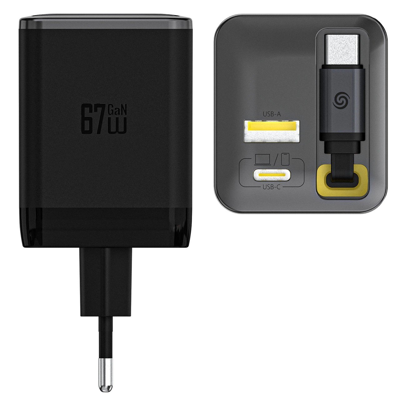 Czarna ładowarka sieciowa z oznaczeniem \'67 GaN W\' oraz wbudowanym zwijanym kablem USB-C. Widoczne są dwa porty: USB-A i USB-C.