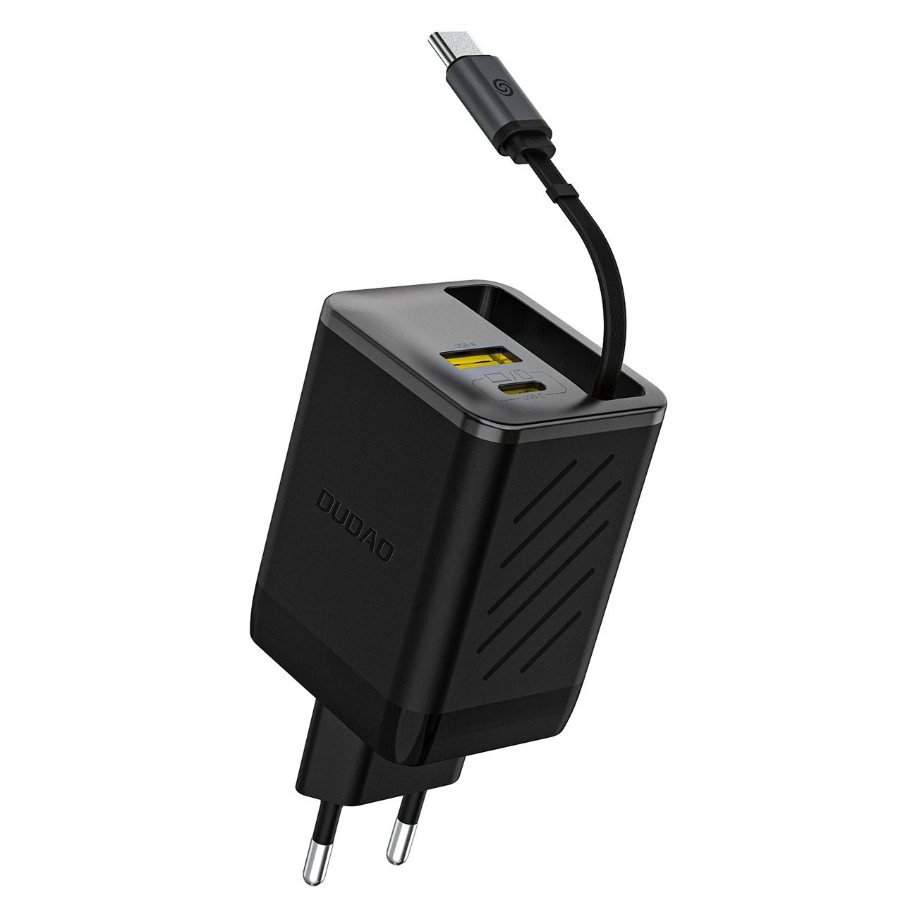Czarna ładowarka sieciowa z wbudowanym zwijanym kablem USB-C i dwoma portami, w tym jednym USB-C i jednym USB-A. Na obudowie widoczne jest logo \'DUDAO\'.