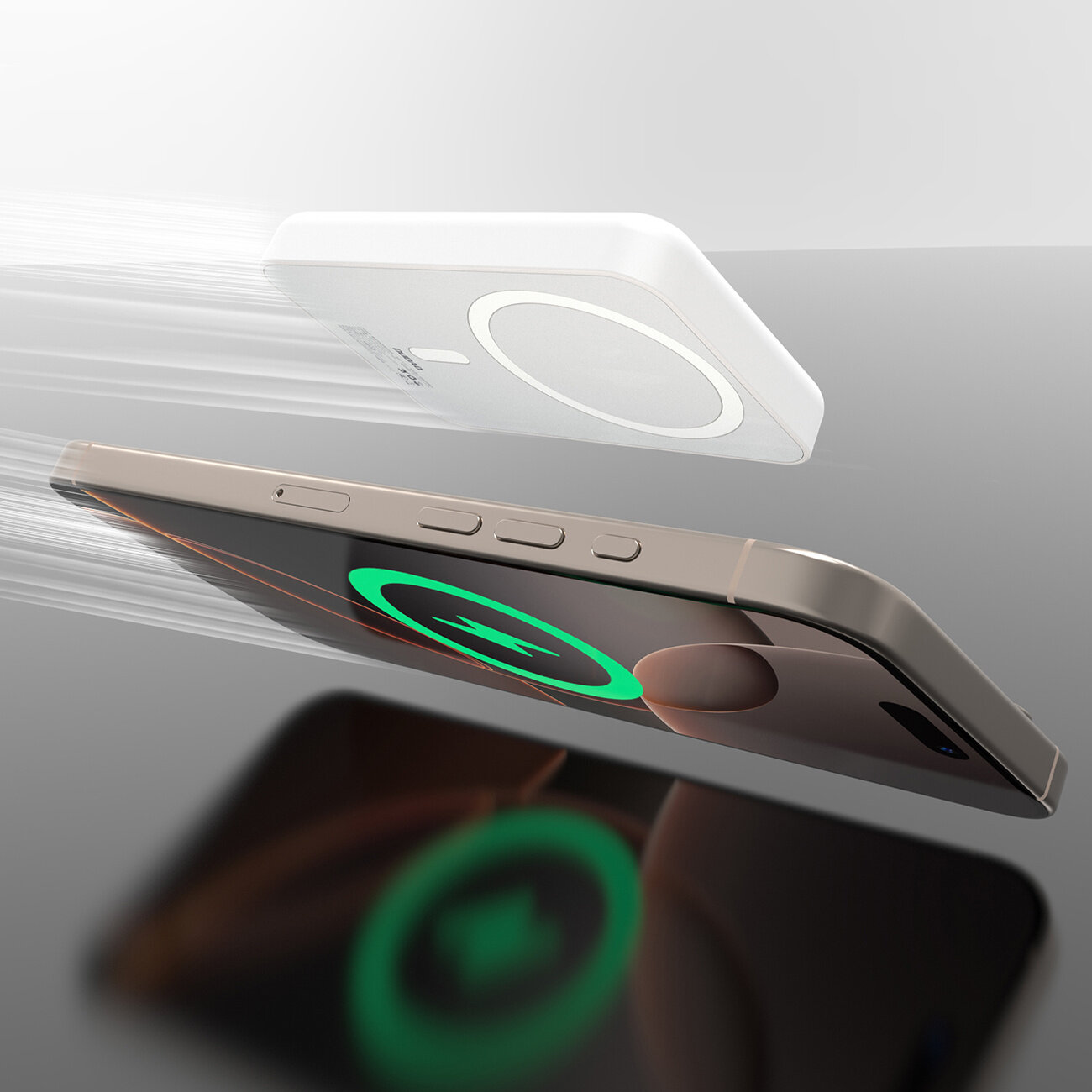 Na obrazie widoczny jest biały powerbank z okrągłym wzorem oraz smartfon z zielonym symbolem ładowania na ekranie. Oba urządzenia są przedstawione w dynamicznym ujęciu, sugerującym ruch.