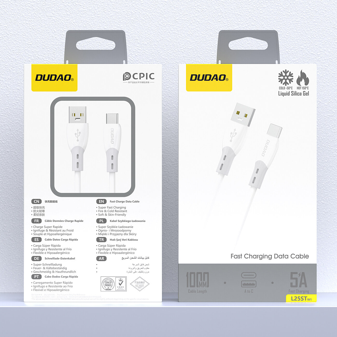 Opakowanie kabla Dudao z logo na żółtym tle, przedstawiające biały kabel USB-A do USB-C. Na opakowaniu widnieje tekst \'Fast Charging Data Cable\' oraz oznaczenia dotyczące długości 1000 mm i prądu 5A.