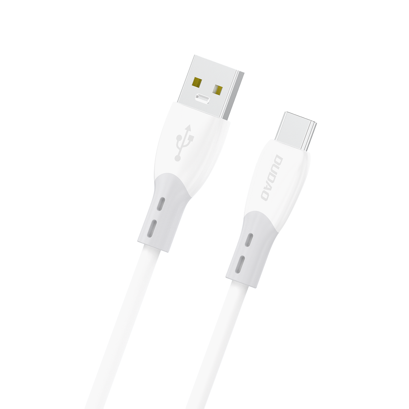 Na obrazie widoczny jest biały kabel z końcówkami USB-A i USB-C, z miękkim silikonowym oplotem. Na jednej z końcówek znajduje się napis \'DUDAO\'.
