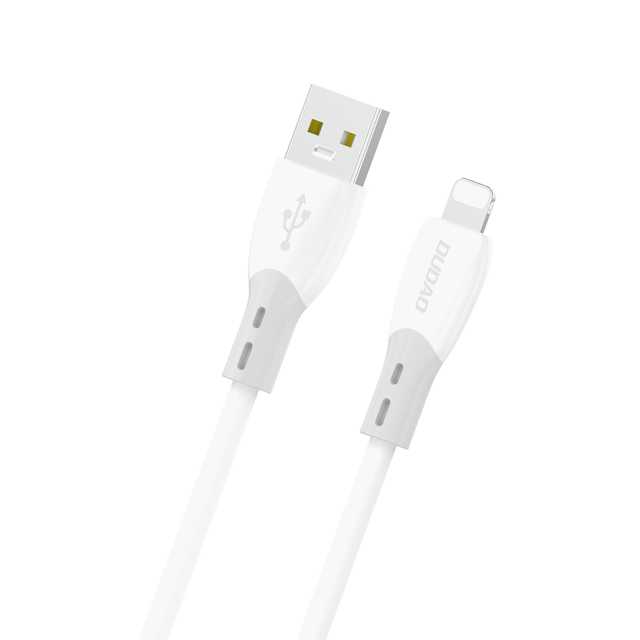Na obrazie widoczny jest biały kabel z końcówkami USB-A i Lightning, z miękkim silikonowym oplotem. Na jednej z końcówek znajduje się napis \'DUDAO\'.