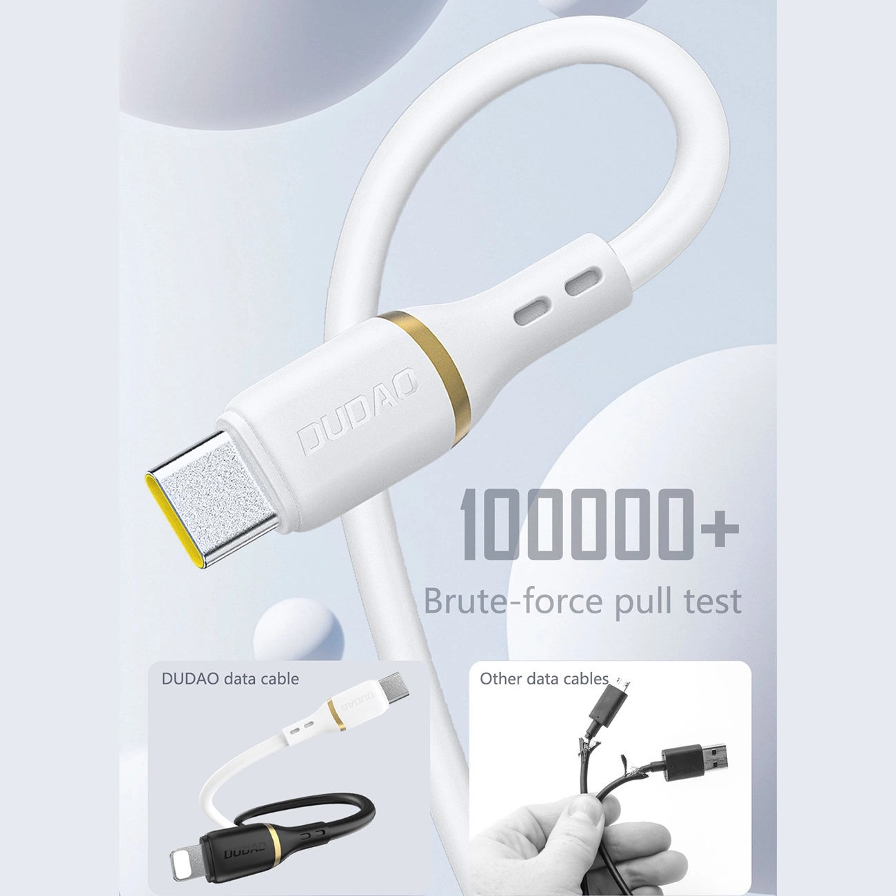 Biały kabel USB-C z napisem \'DUDAO\' i złotym akcentem, obok tekst \'100000+ Brute-force pull test\'. W dolnej części porównanie kabla DUDAO z innym kablem, pokazującym różnice w wytrzymałości.