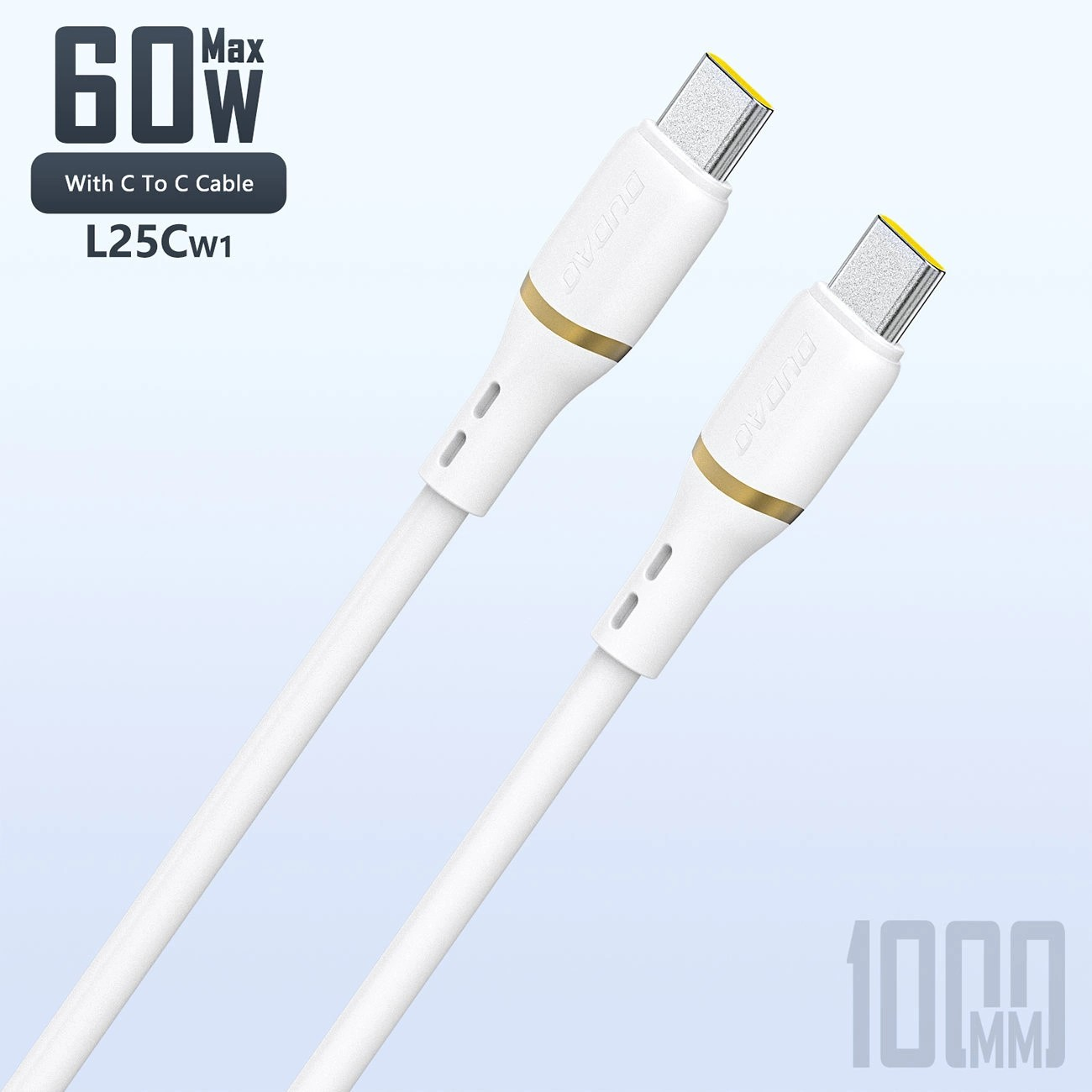 Biały kabel USB-C do USB-C z żółtymi akcentami na końcówkach, oznaczony jako Dudao L25C. Widoczny tekst: \'60W Max With C To C Cable L25Cw1\' oraz \'1000MM\'.