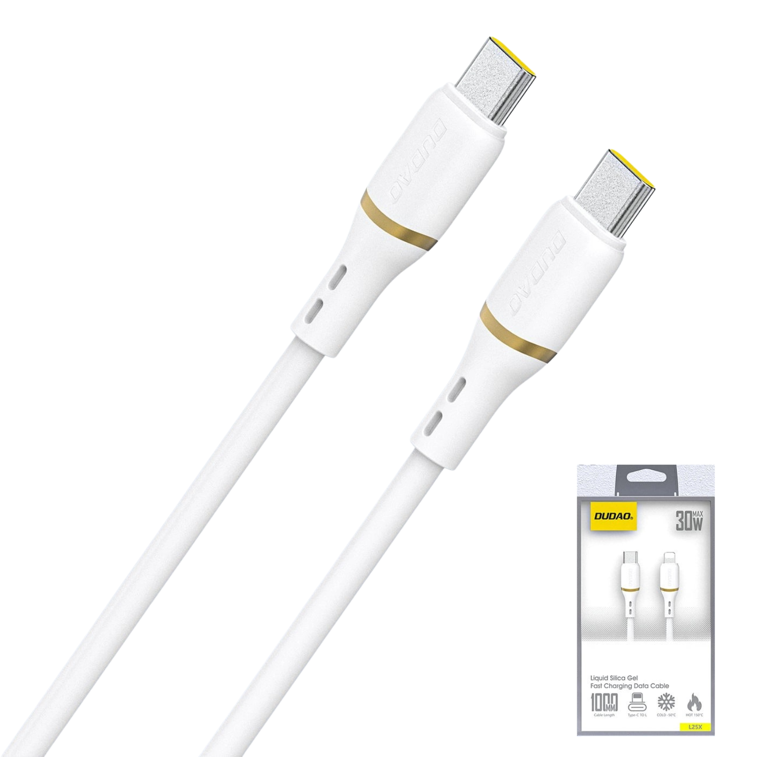 Biały kabel USB-C do USB-C z żółtymi akcentami na końcówkach, obok opakowanie z logo \'DUDAO\' i informacją \'30W\'.