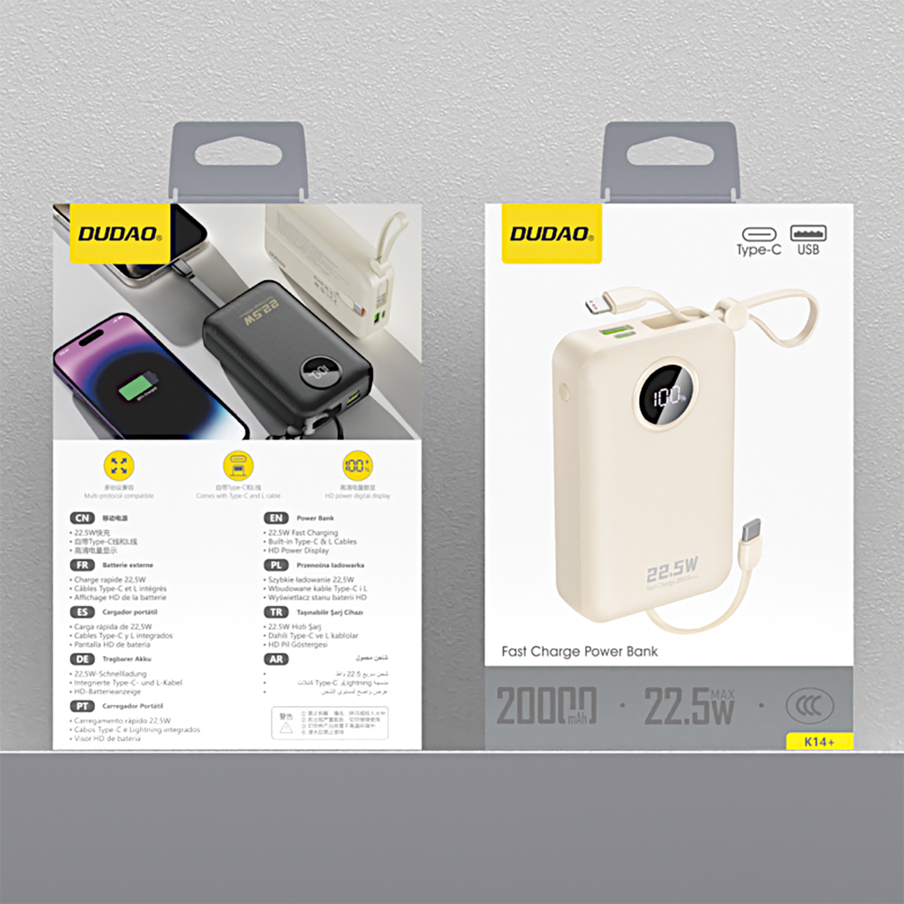 Opakowanie powerbanku Dudao z logo na górze, przedstawiające urządzenie z wbudowanymi kablami i wyświetlaczem. Widoczne napisy: \'Fast Charge Power Bank\', \'20000 mAh\', \'22.5W\', \'K14+\'.