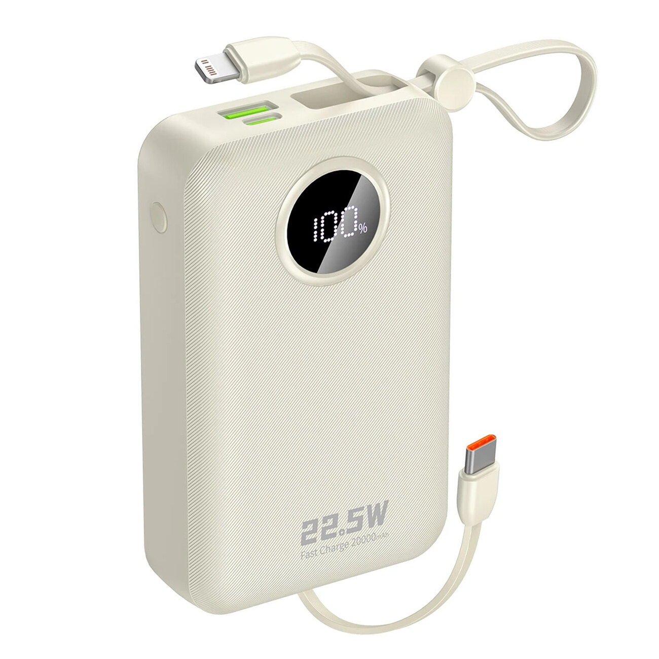 Biały powerbank z wyświetlaczem pokazującym \'100%\' oraz dwoma wbudowanymi kablami. Na obudowie widoczny jest napis \'22.5W Fast Charge 20000mAh\'.