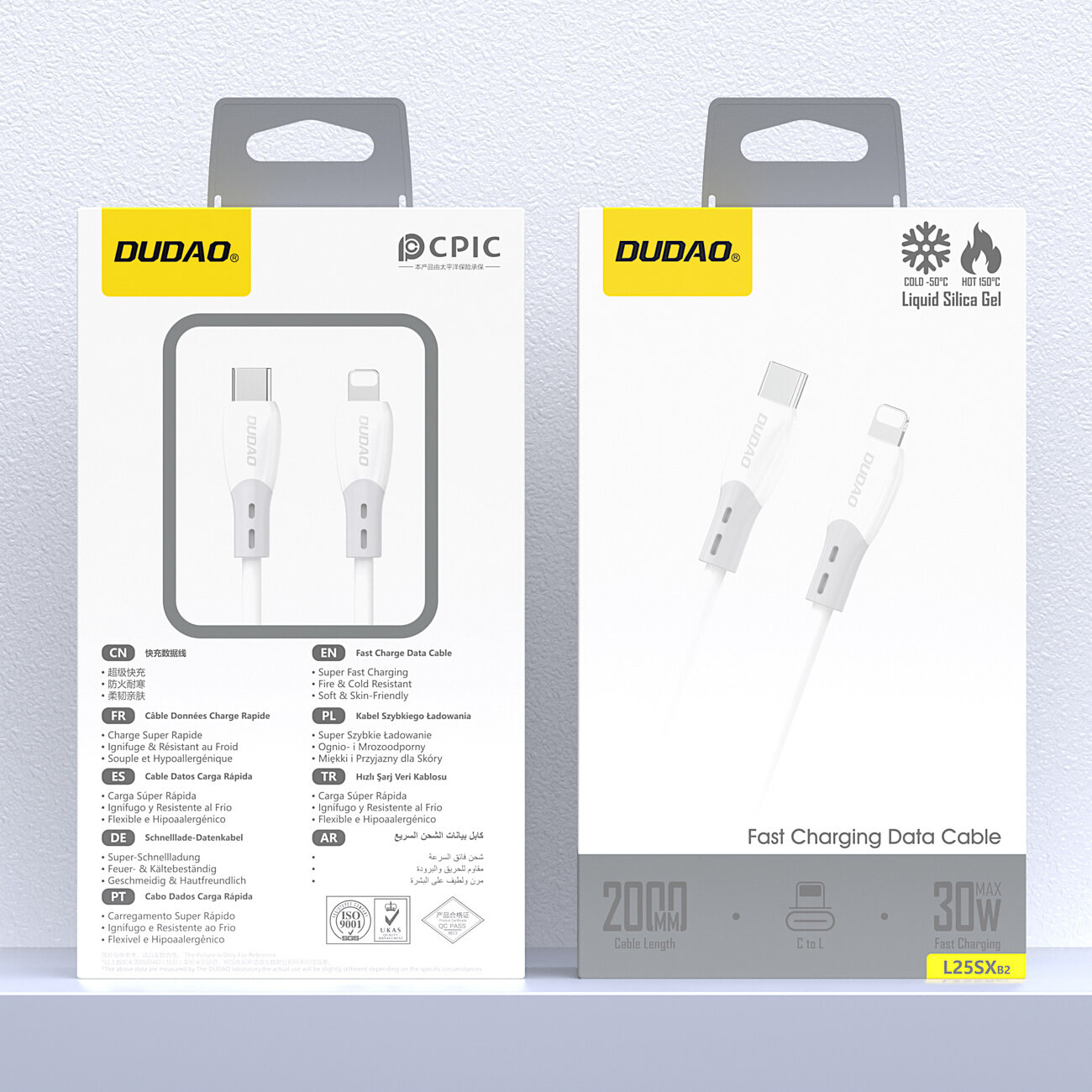 Opakowanie kabla Dudao z logo producenta, przedstawiające biały kabel USB-C do Lightning z miękkim silikonowym oplotem. Na opakowaniu widnieją informacje o szybkim ładowaniu, odporności na temperatury oraz długości kabla 200 cm i mocy 30 W.