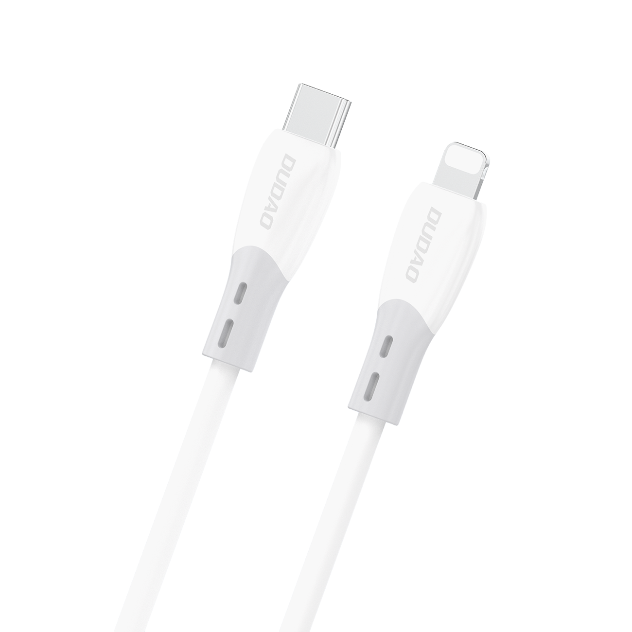 Na obrazie widoczny jest biały kabel z dwoma różnymi końcówkami: USB-C i Lightning. Na obu końcówkach znajduje się napis \'DUDAO\'.