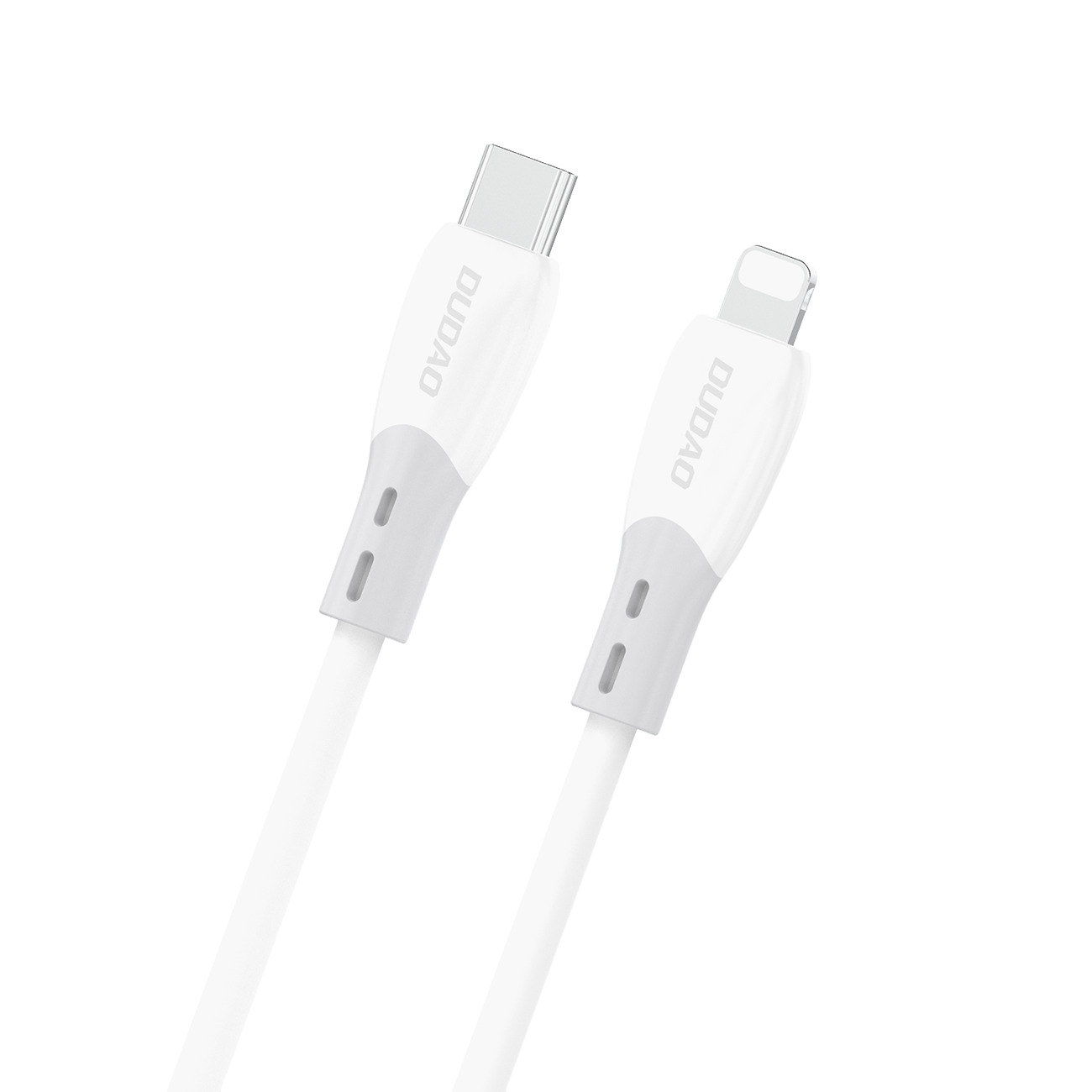 Na obrazie widoczny jest biały kabel z dwoma różnymi końcówkami: USB-C i Lightning. Na obu końcówkach znajduje się napis \'DUDAO\'.