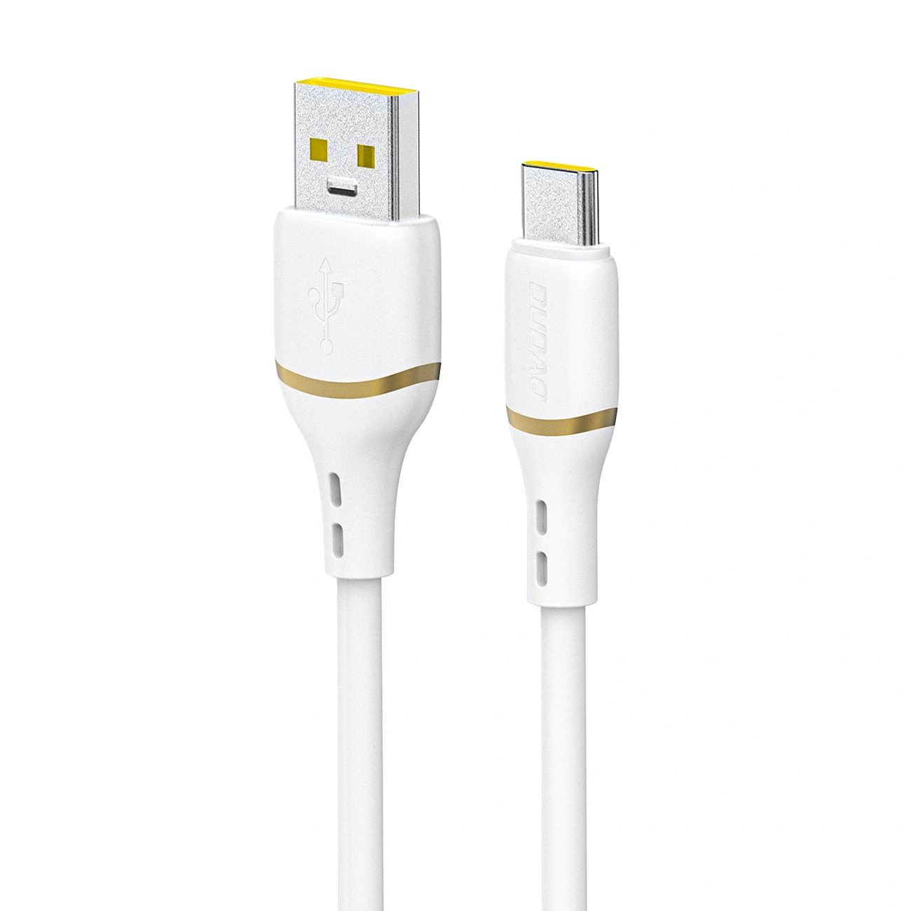 Na obrazie widoczny jest biały kabel z dwoma złączami: USB-A i USB-C. Oba złącza mają złote akcenty, a na jednym z nich widnieje napis \'Dudao\'.