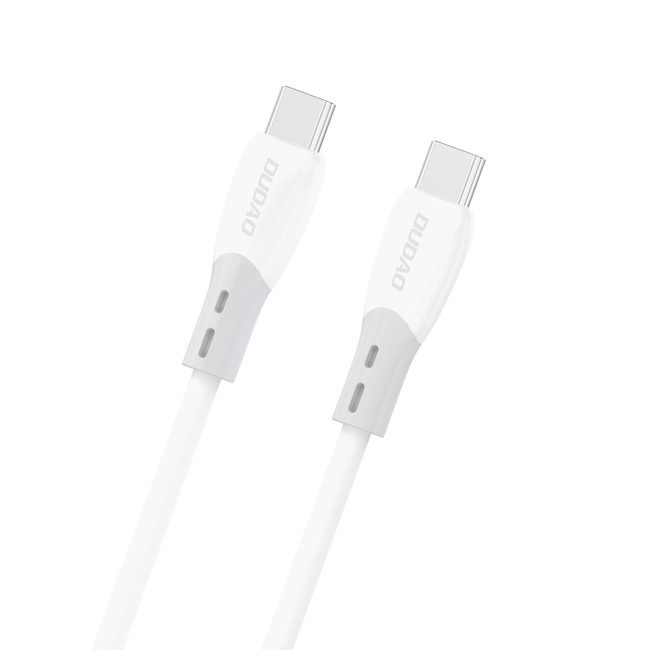 Biały kabel USB-C do USB-C z miękkim silikonowym oplotem, z widocznym logo \'DUDAO\' na obu końcówkach.