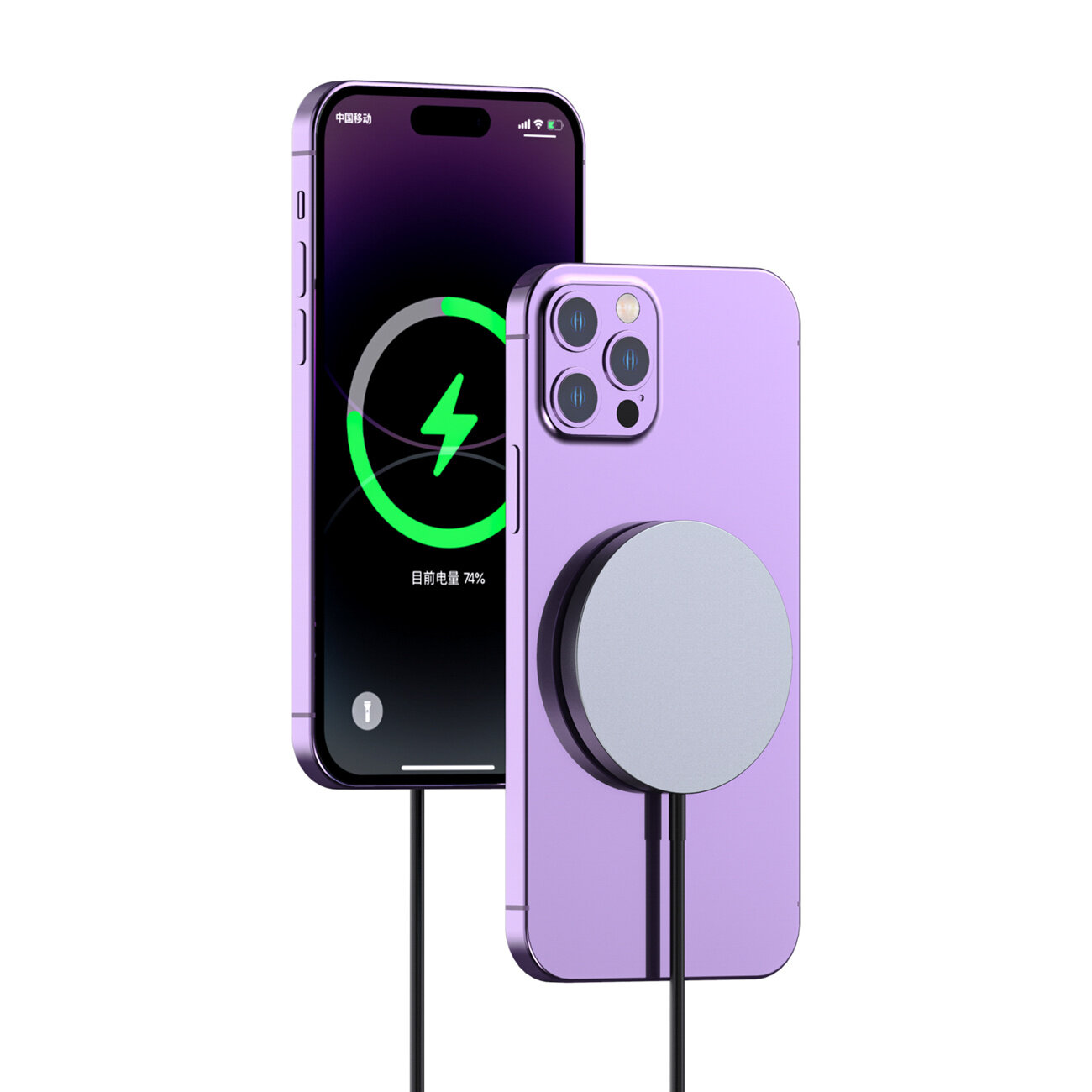 Na obrazie widoczny jest fioletowy smartfon z podłączoną czarną ładowarką indukcyjną. Ekran telefonu pokazuje ikonę ładowania z napisem \'74%\'.