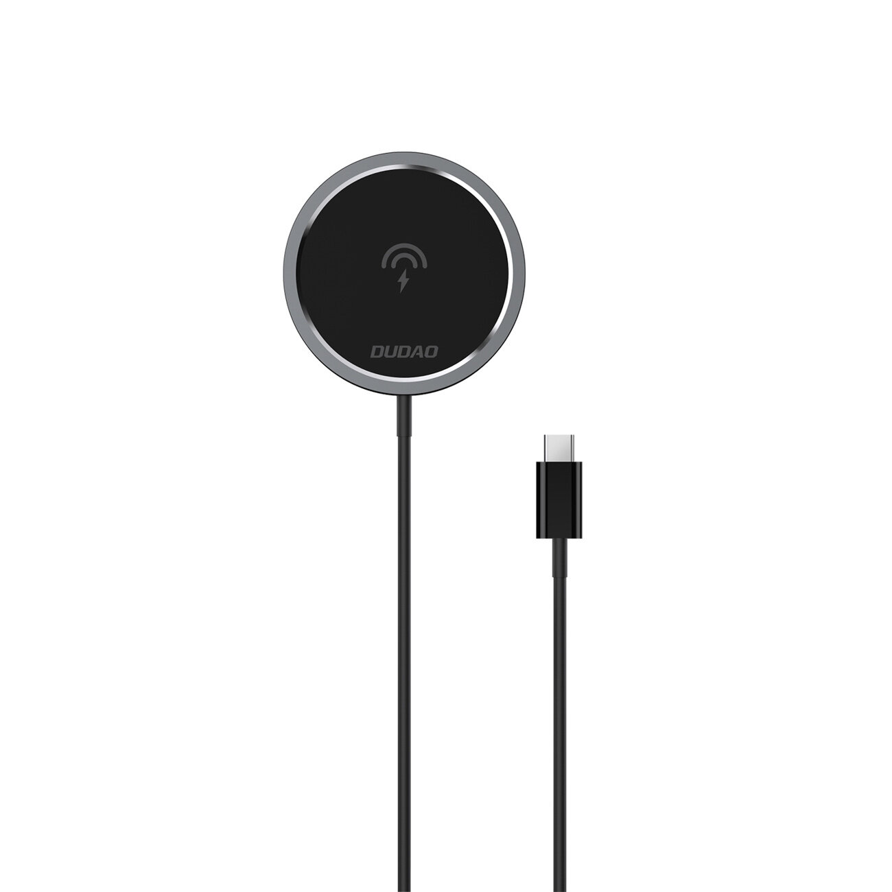 Czarna ładowarka indukcyjna z okrągłą powierzchnią i logo \'DUDAO\' oraz symbolem ładowania. Posiada kabel zakończony wtyczką USB-C.