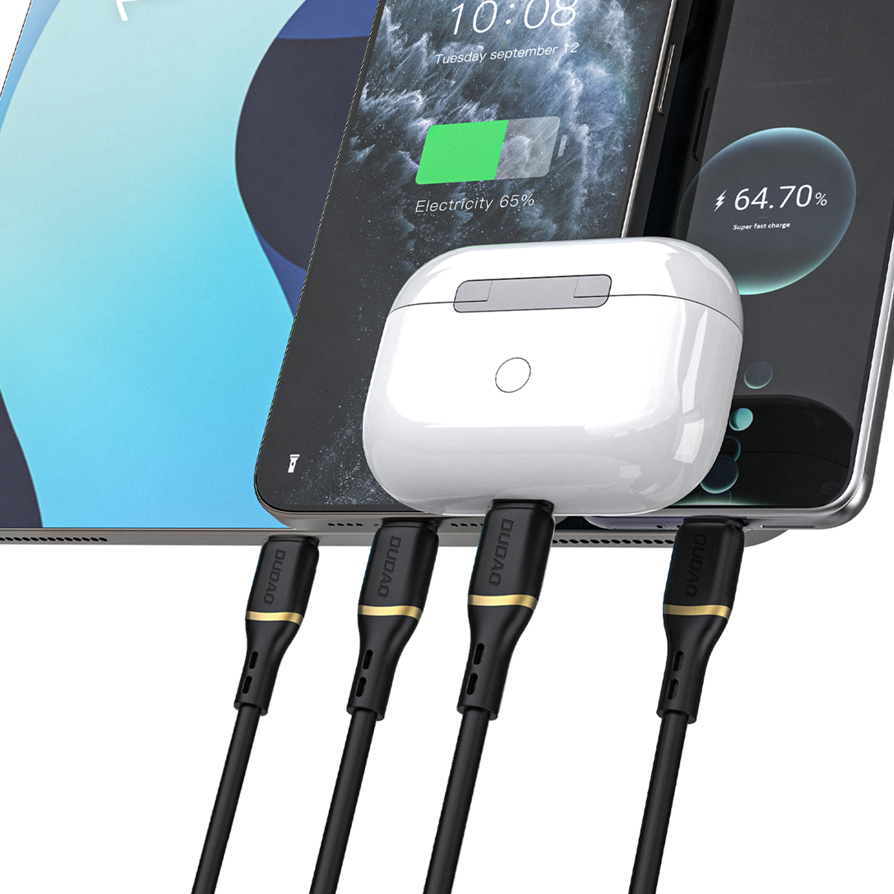 Na obrazie widoczne są trzy czarne kable z logo \'Dudao\' podłączone do urządzeń elektronicznych, w tym smartfona i słuchawek bezprzewodowych. Na ekranie smartfona widoczny jest tekst \'Electricity 65%\' oraz \'64.70% Super fast charge\'.