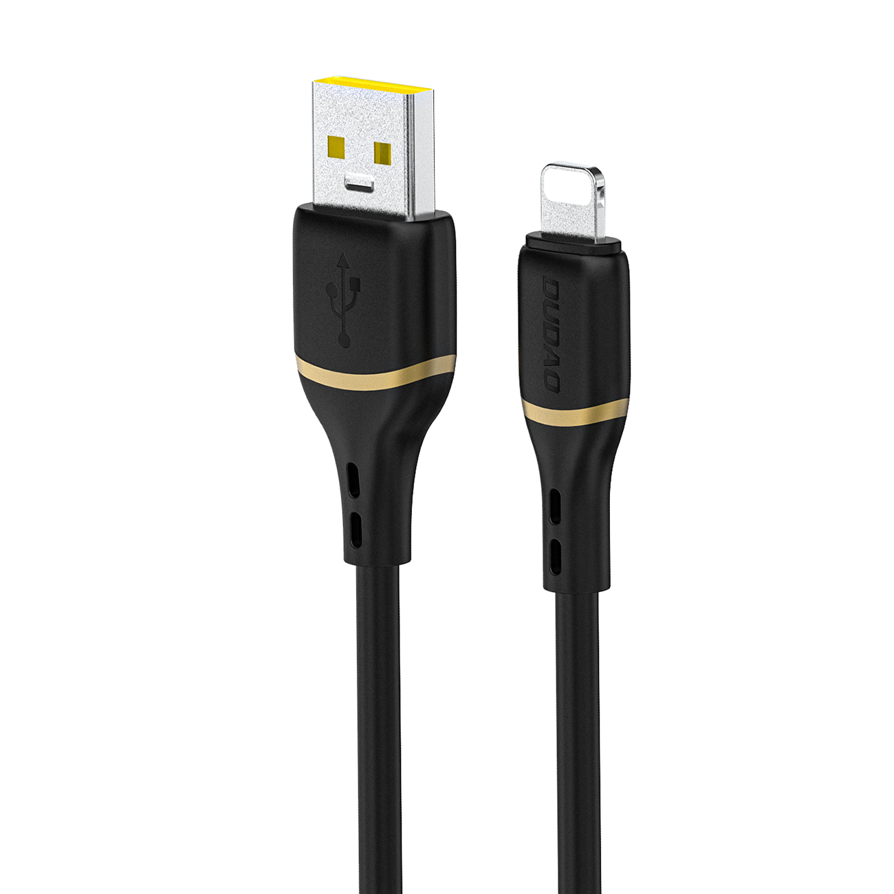 Czarny kabel z końcówkami USB-A i Lightning, z widocznym napisem \'DUDAO\' na jednej z końcówek. Kabel ma złote akcenty i jest wykonany z miękkiego silikonu.