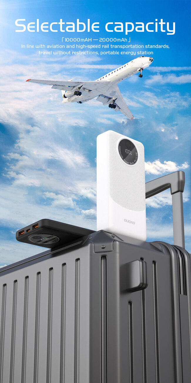 Na tle nieba z lecącym samolotem widoczny jest biały powerbank umieszczony na walizce. Na obrazie znajduje się tekst: \'Selectable capacity 10000mAh - 20000mAh In line with aviation and high-speed rail transportation standards, travel without restrictions, portable energy station\'.