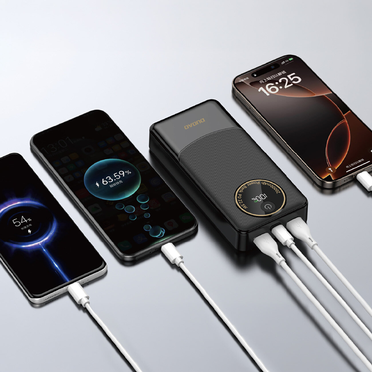 Na obrazie widoczny jest czarny powerbank z logo \'Dudao\', podłączony do trzech smartfonów za pomocą białych kabli. Na ekranach telefonów wyświetlane są różne poziomy naładowania baterii, w tym \'63.59%\'.