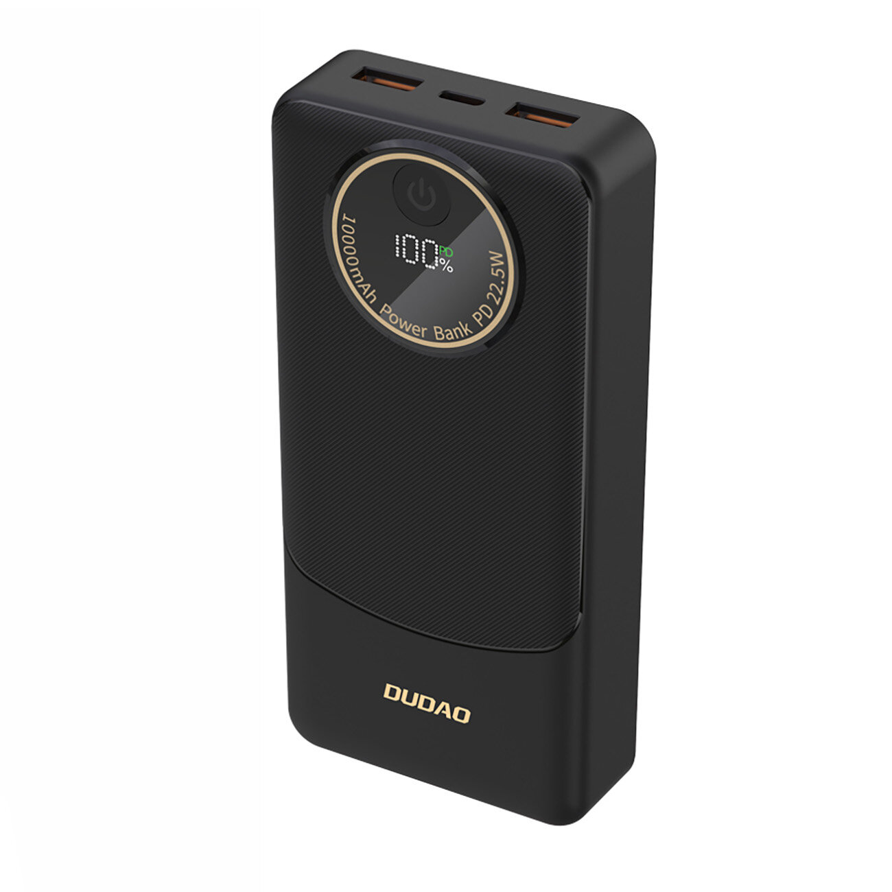Czarny powerbank z wyświetlaczem pokazującym 100% i napisem \'20000mAh Power Bank PD 22.5W\'. Na dole widoczne jest logo \'DUDAO\'.