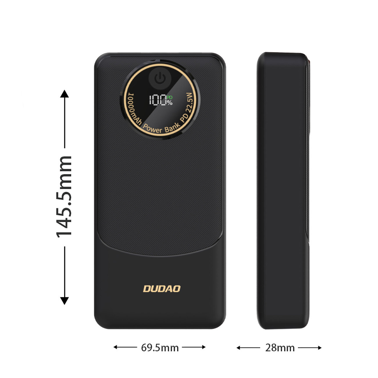 Czarny powerbank z wyświetlaczem pokazującym 100% naładowania, z napisem \'10000mAh Power Bank PD 22.5W\'. Wymiary urządzenia to 145.5mm wysokości, 69.5mm szerokości i 28mm grubości, z logo \'DUDAO\' na dole.